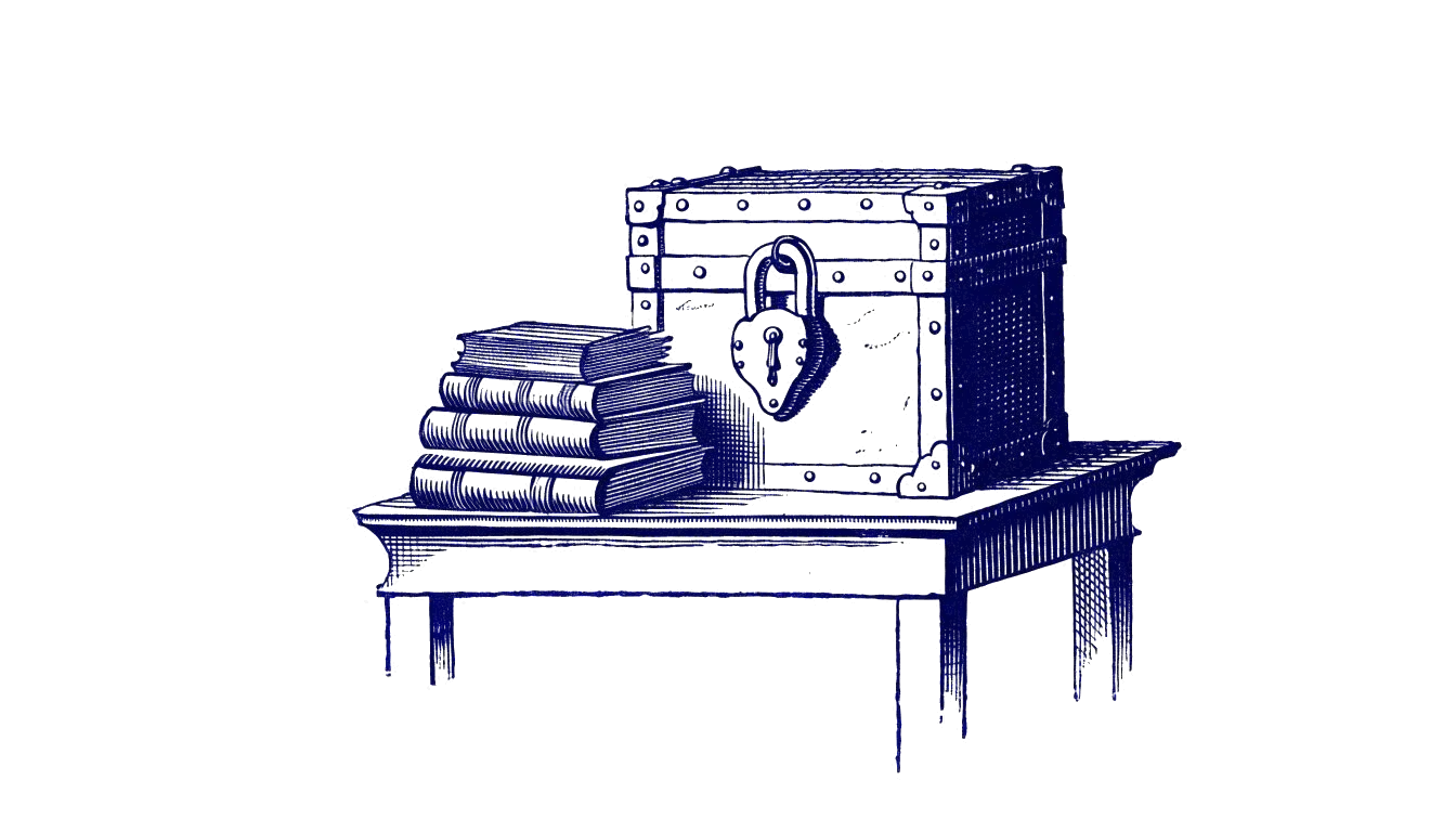 Engraving of a locked chest beside a stack of books