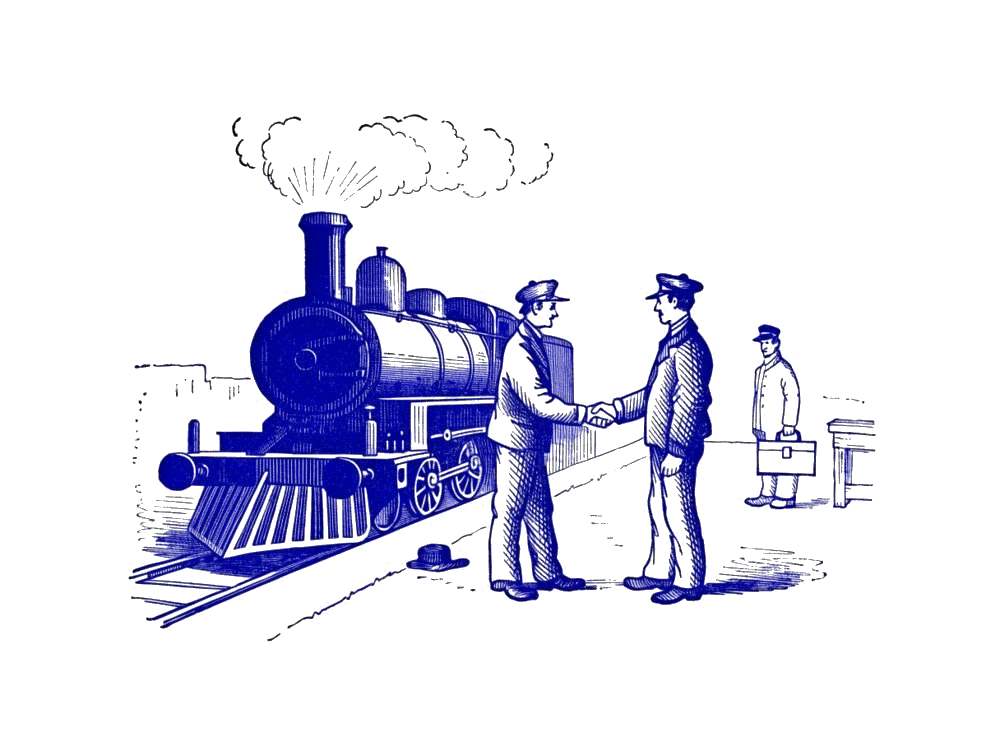 Engraving of two men shaking hands beside a train