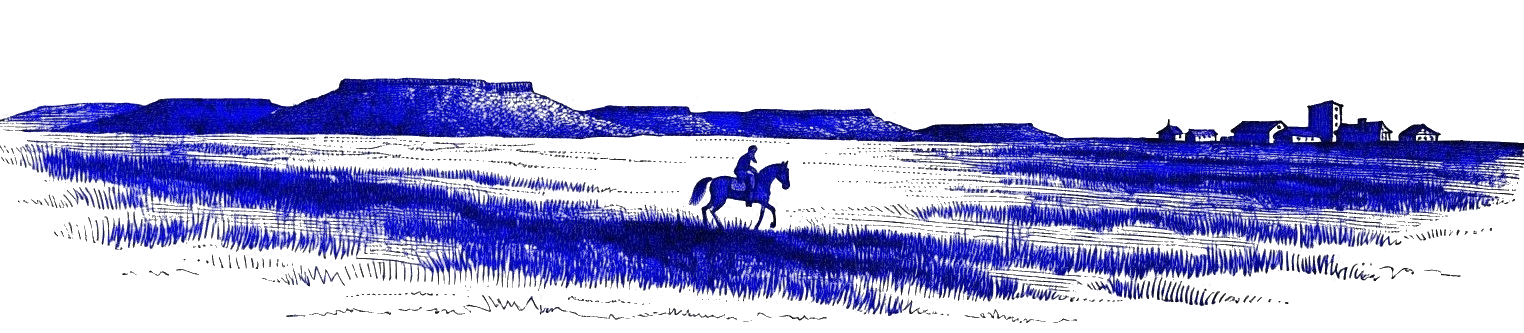 Engraving of a rider crossing an open plain toward a town